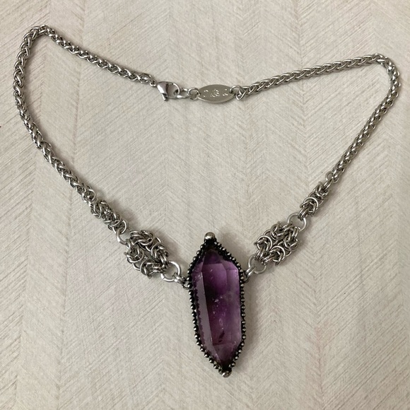 Handmade stainless steel maille necklace genuine big amethyst purple crystal - Picture 11 of 12